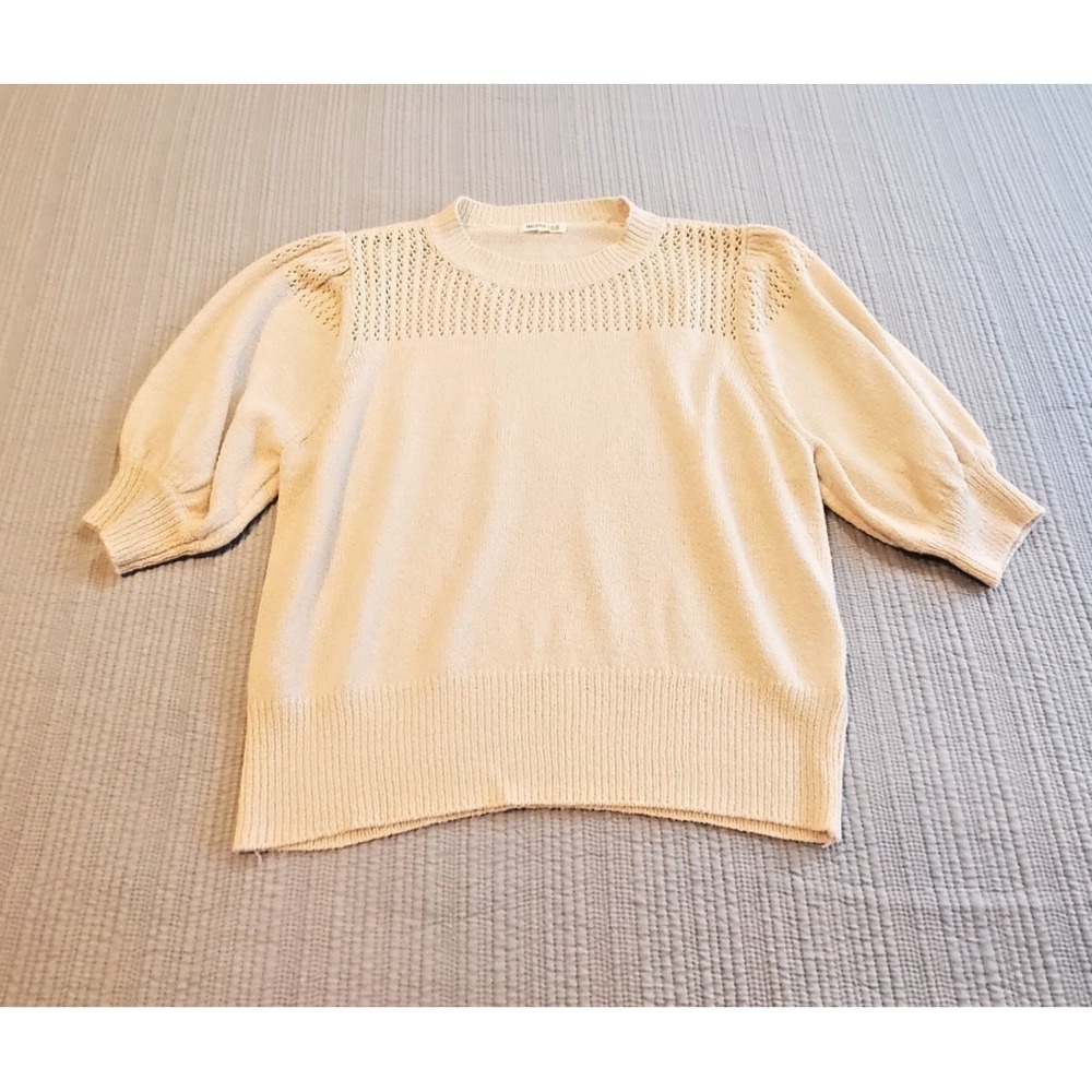Womens Large Cream Pleated Puff Sleeve Sweater Short Sleeve Retro Open Knit